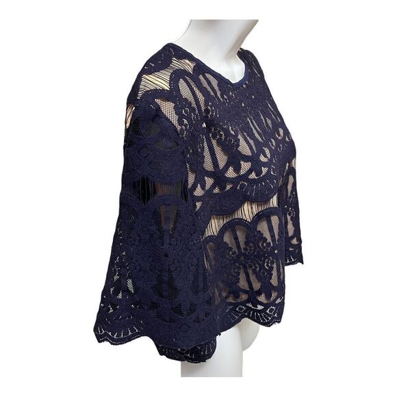 {tl} The Letter Top Women’s L Blue Crop Lace Mesh Abstract Romantic Short Sleeve - Picture 9 of 14